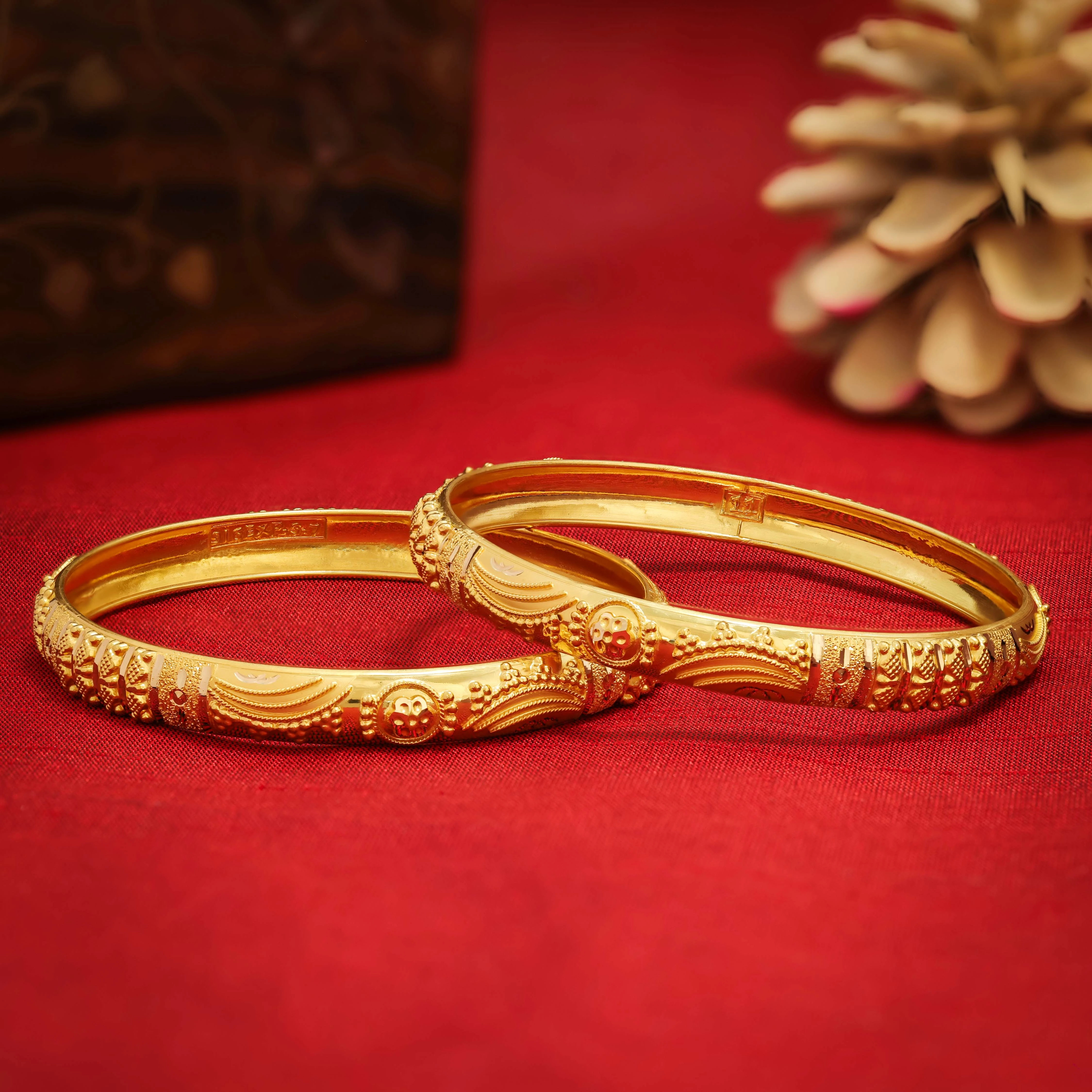 Traditional Floral Engraved Gold Bangles