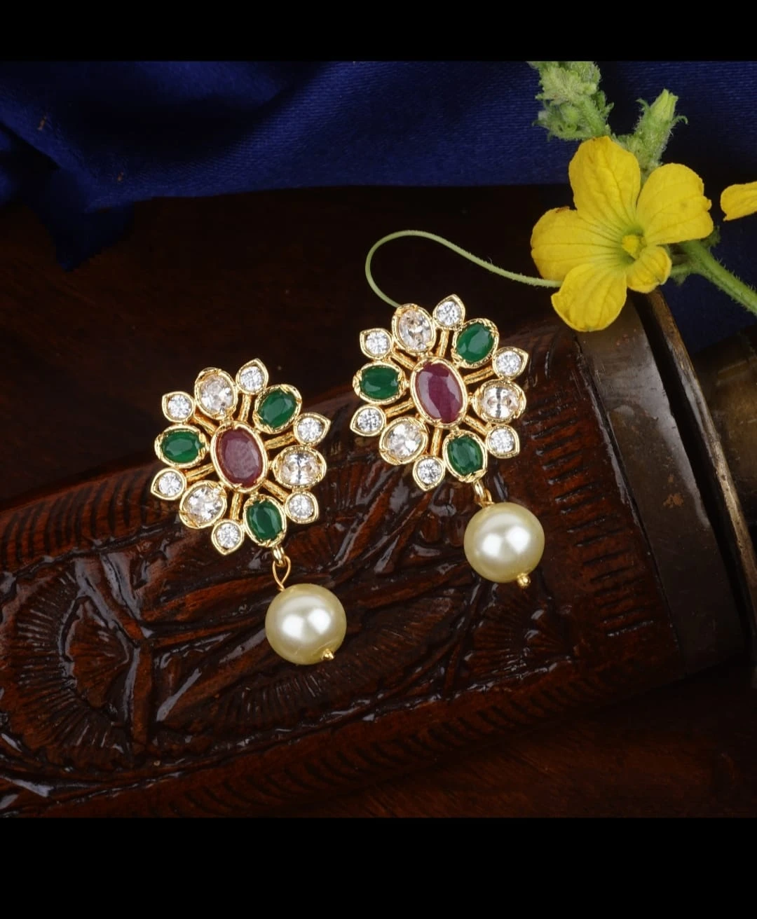 Floral Red & Green Gold Covering Pearl Earrings